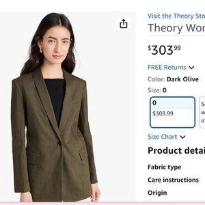 NWT Theory Women's Rolled Sleeve Bf Jacket, Dark Olive Green, SIZE 0